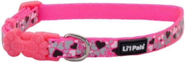 Li'L Pals Reflective Collar - Pink with Hearts For Smaller Breeds (Size-3: 6-8"L x 3/8"W)