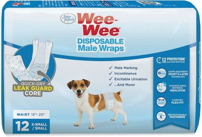 Four Paws Wee Wee Disposable Male Dog Wraps (Size-3: X-Small/Small - 12 Pack - (Fits Waists up to 15"))